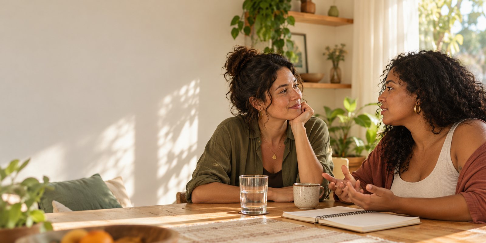 Duas mulheres conversam com calma em casa, sentadas à mesa perto de uma janela.